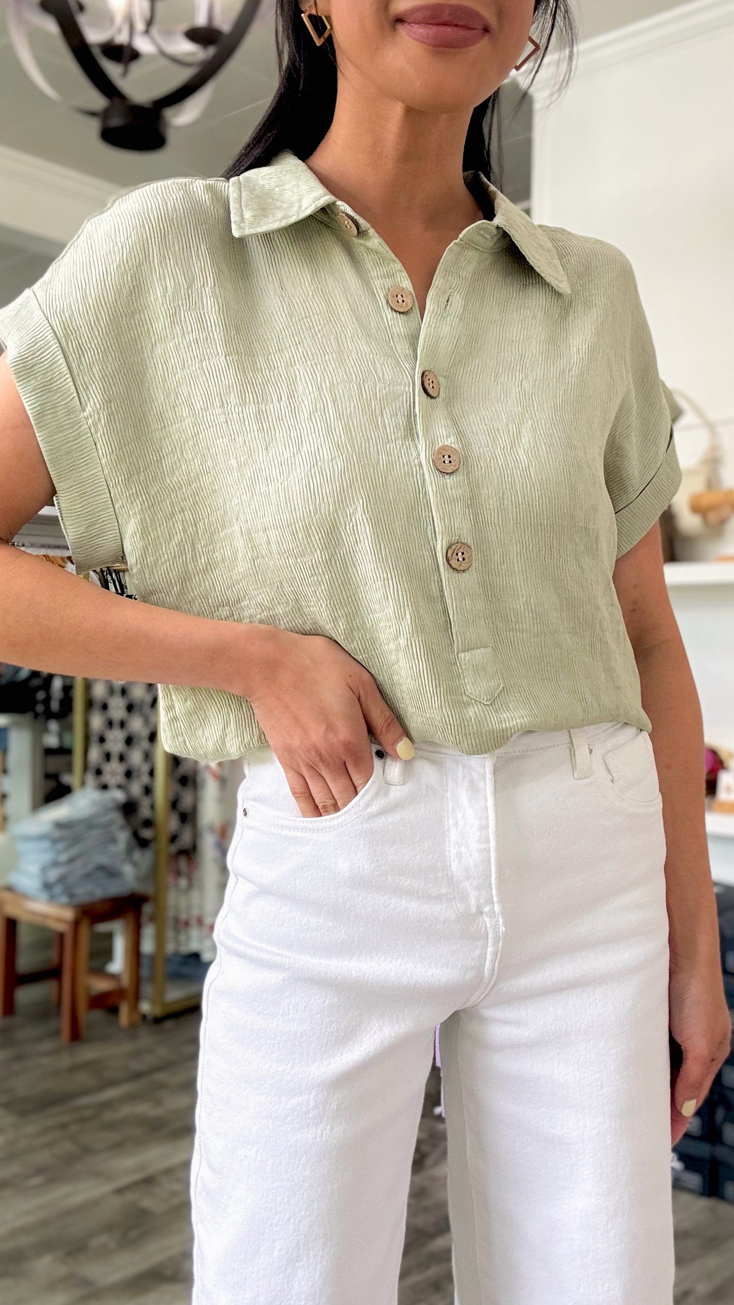 Textured Linen Blend Top - Olive
