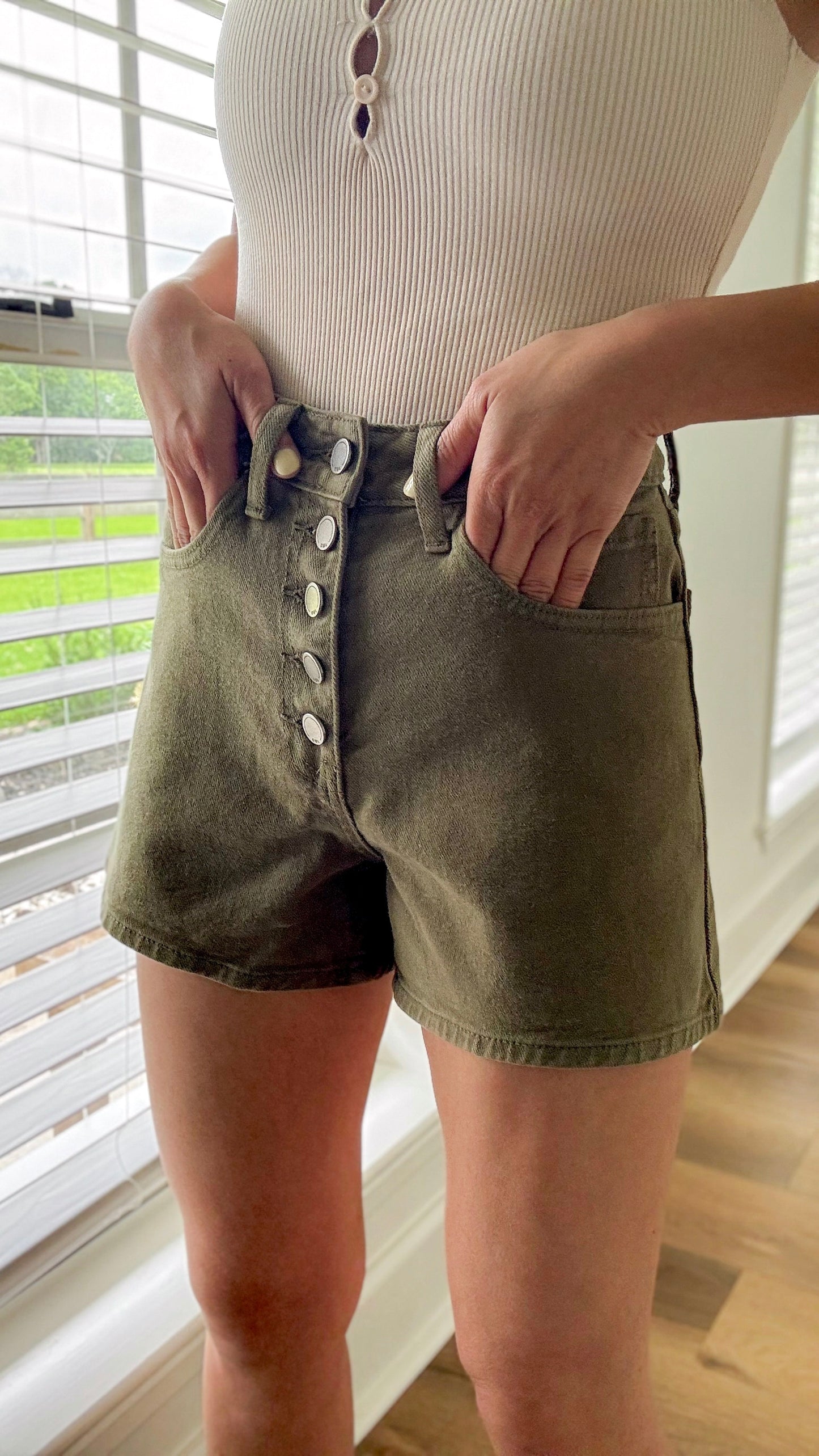Olive Buttoned Denim Shorts