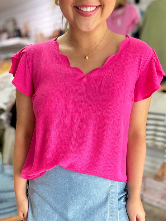 Scallop Trim Blouse- Fuchsia