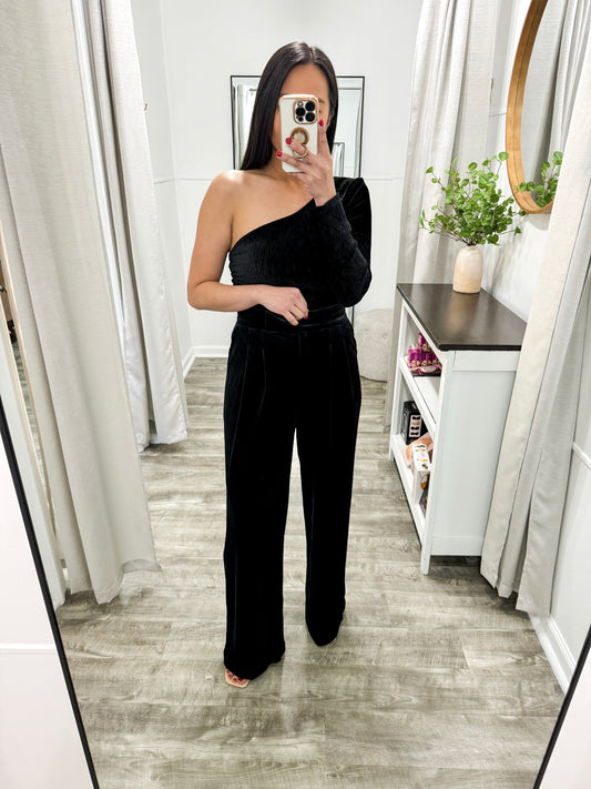 Wide Leg Velvet Pants- Black