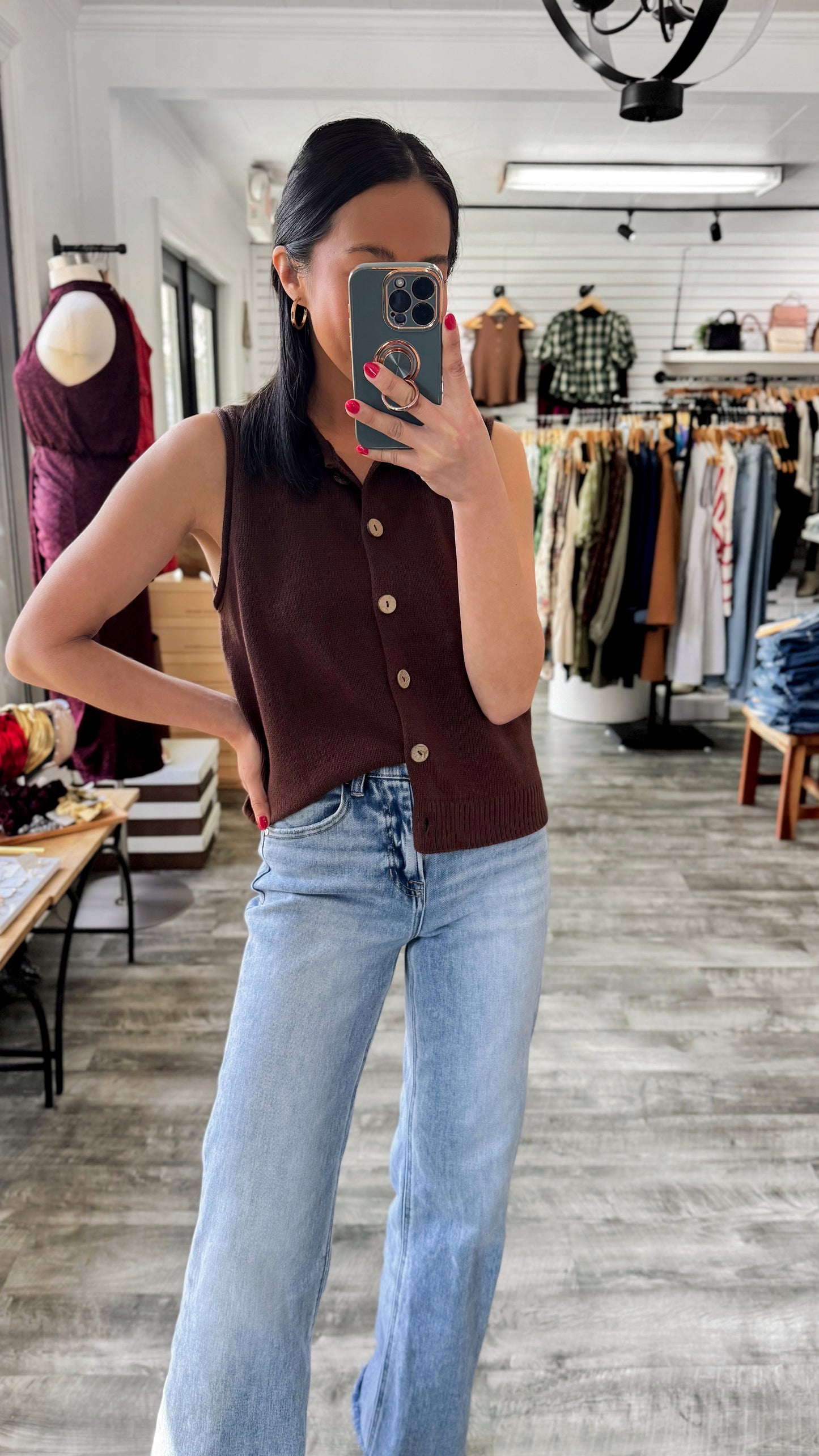 Raw Edge Button Vest- Brown