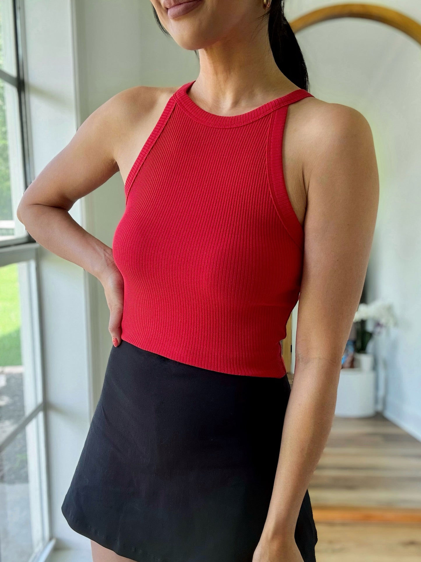 Crop Halter Ribbed Top- Red