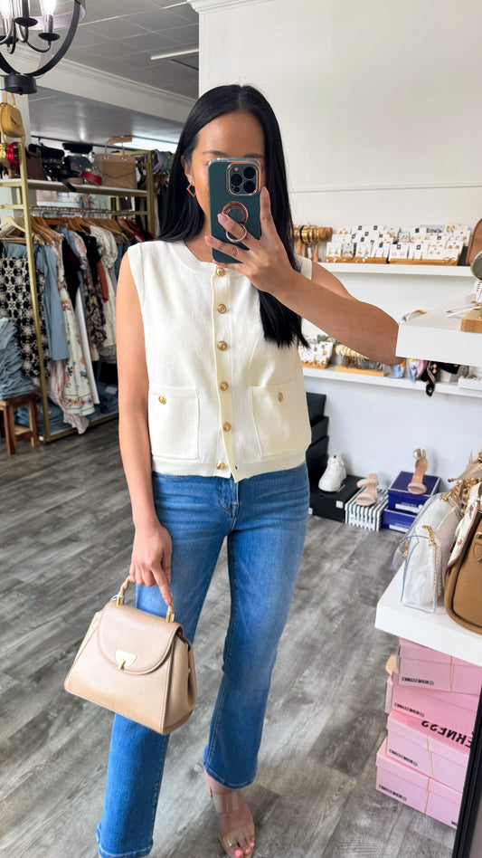 Gold Button Cardigan Vest- Ivory