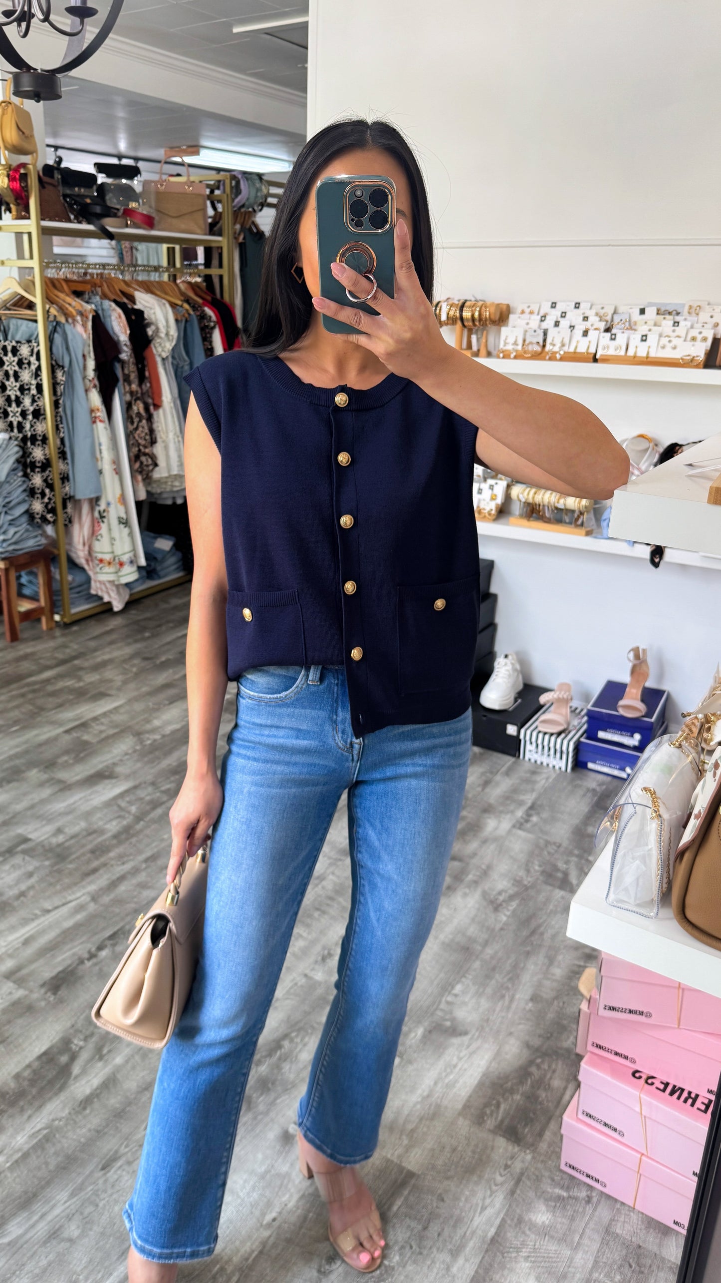 Gold Button Cardigan Vest- Navy