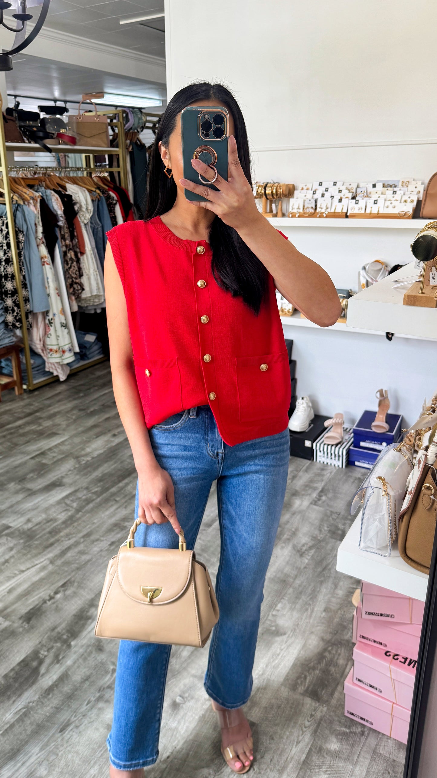 Gold Button Cardigan Vest- Red