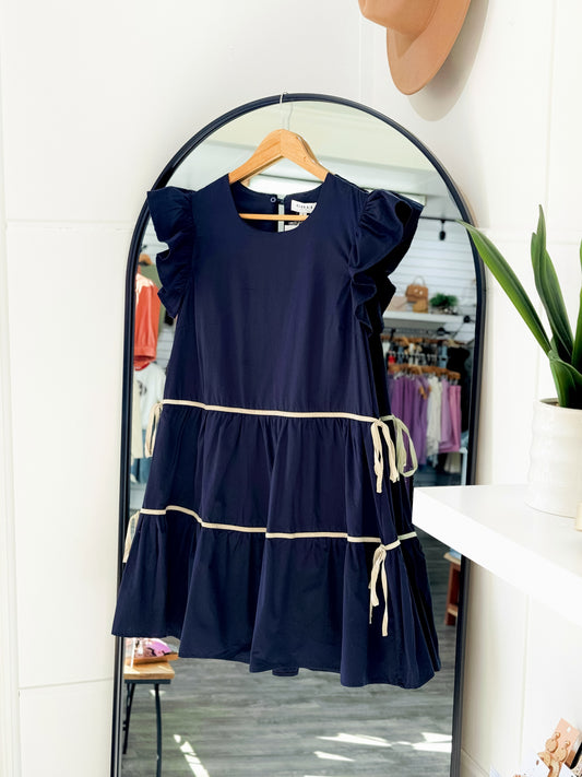 Navy Tie Tiered Dress