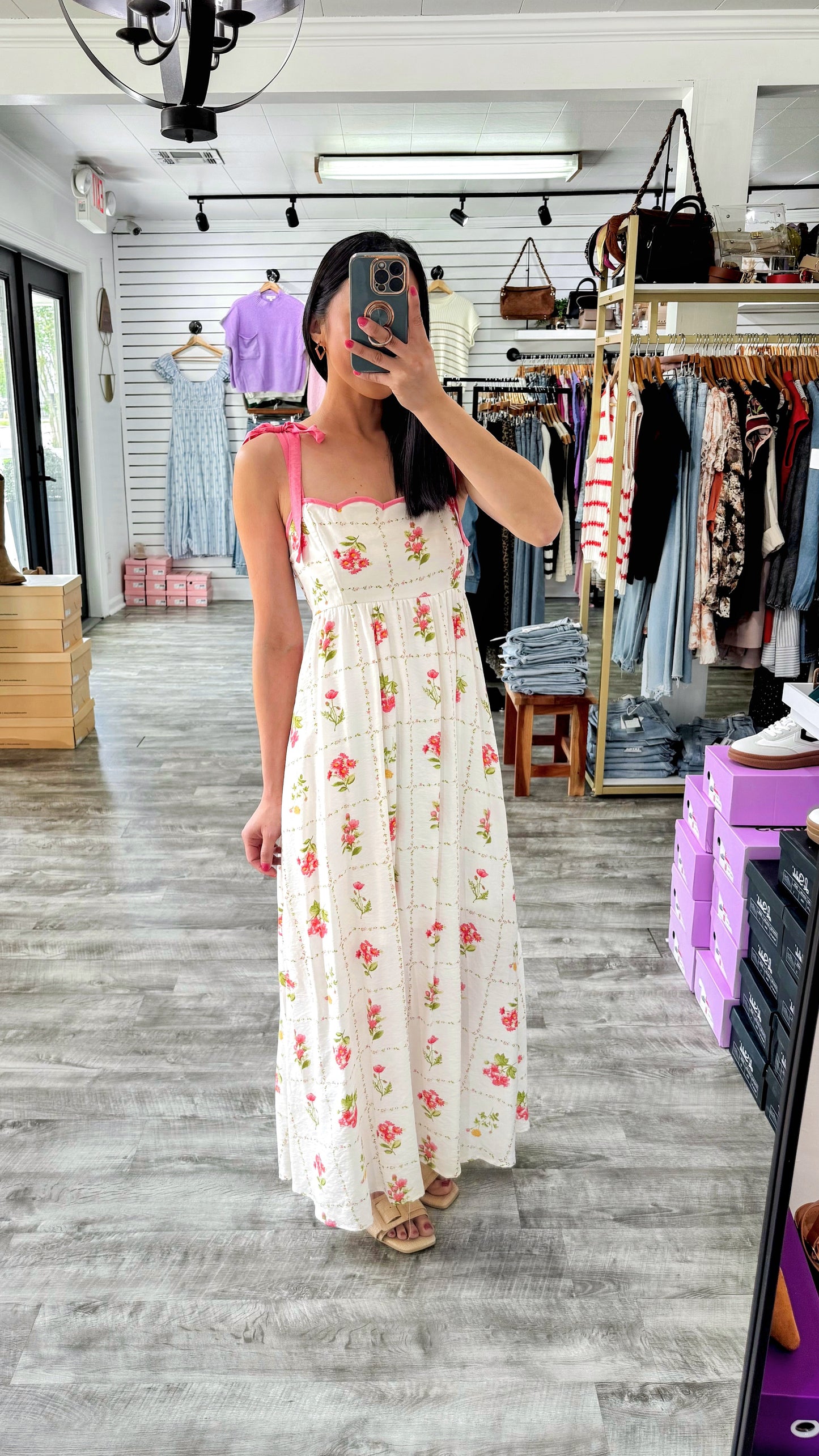 Floral Tile Pattern Midi Dress- Pink