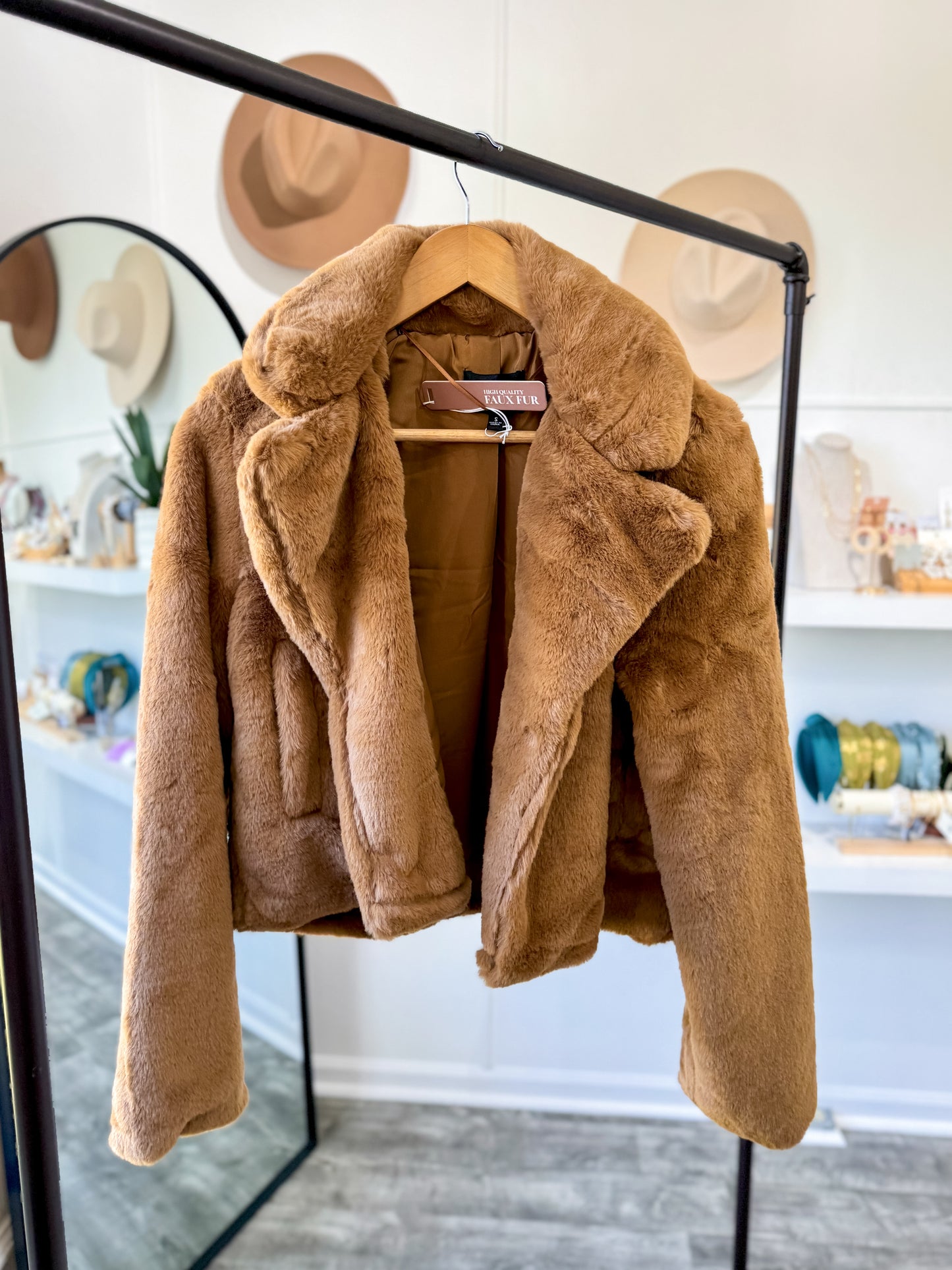 Faux Fur Cropped Coat- Camel