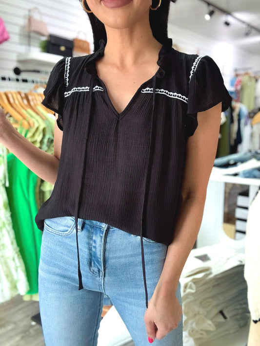 Contrast Embroidered Blouse- Black