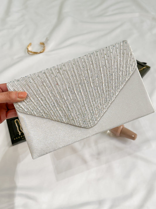 Rhinestone Satin Clutch-Silver