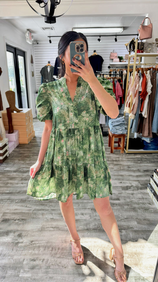 Watercolor Floral Dress - Moss