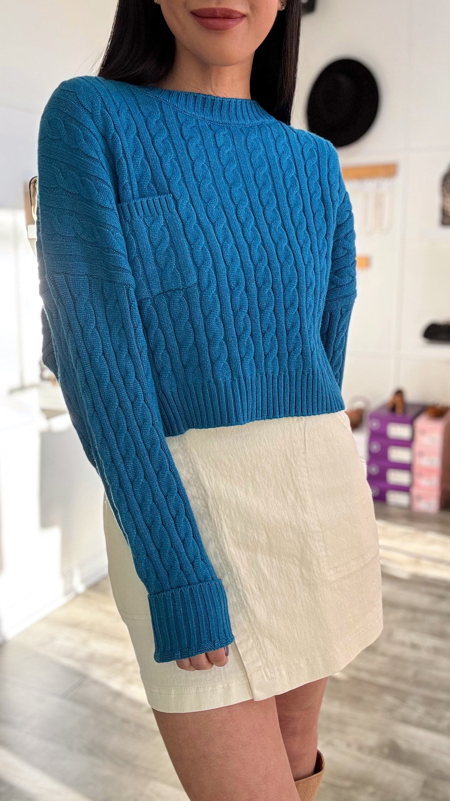 Turquoise Cable Crop Sweater
