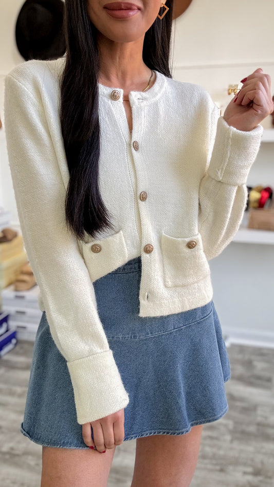 Baroque Button Cardigan- Creme