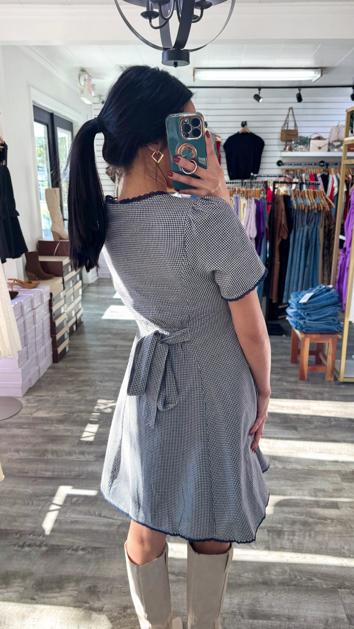 Gingham Button Down Dress- Navy