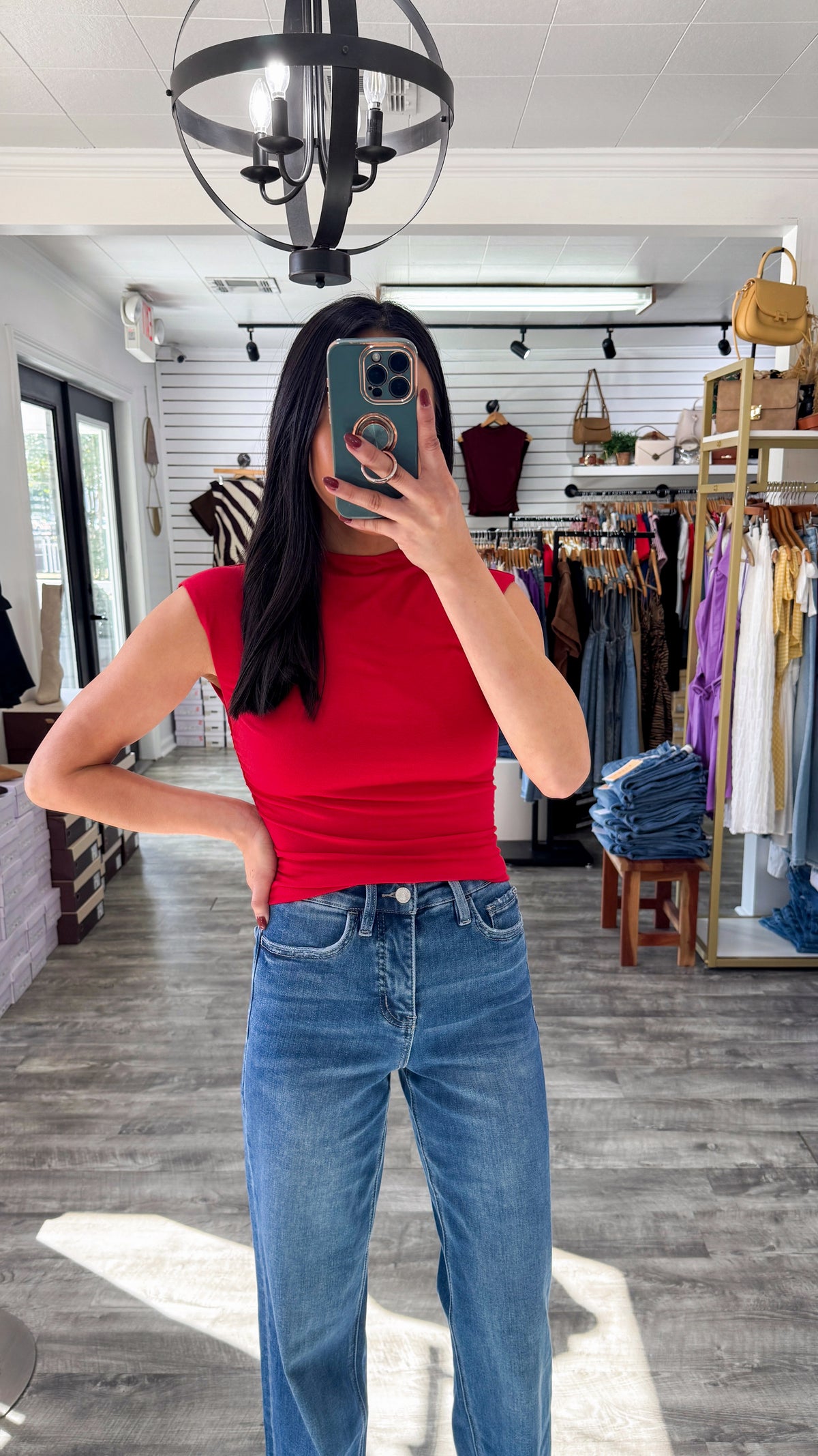 Funnel Neck Ruched Knit Top- Red