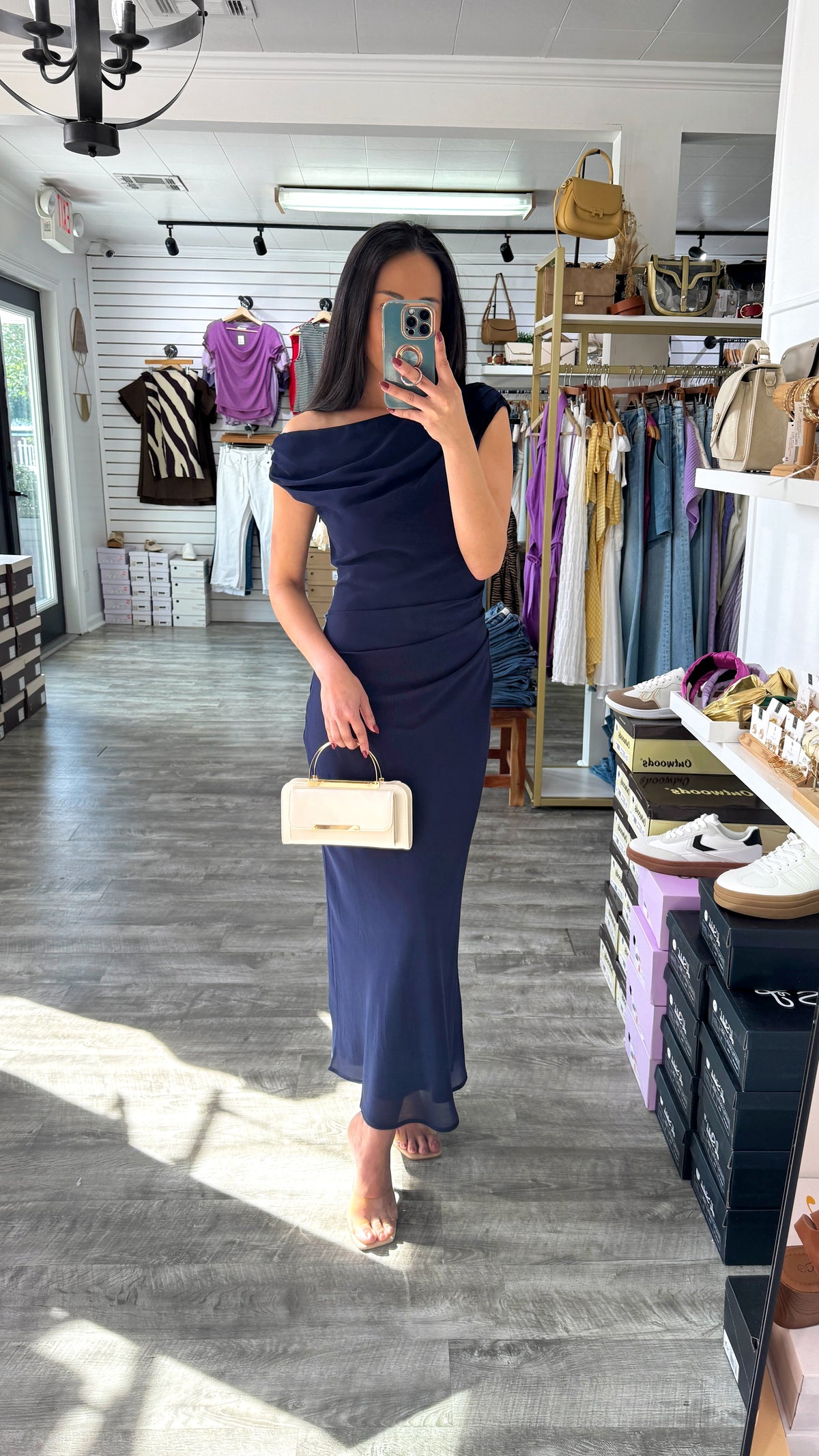 Asymmetrical Shoulder Midi Dress
