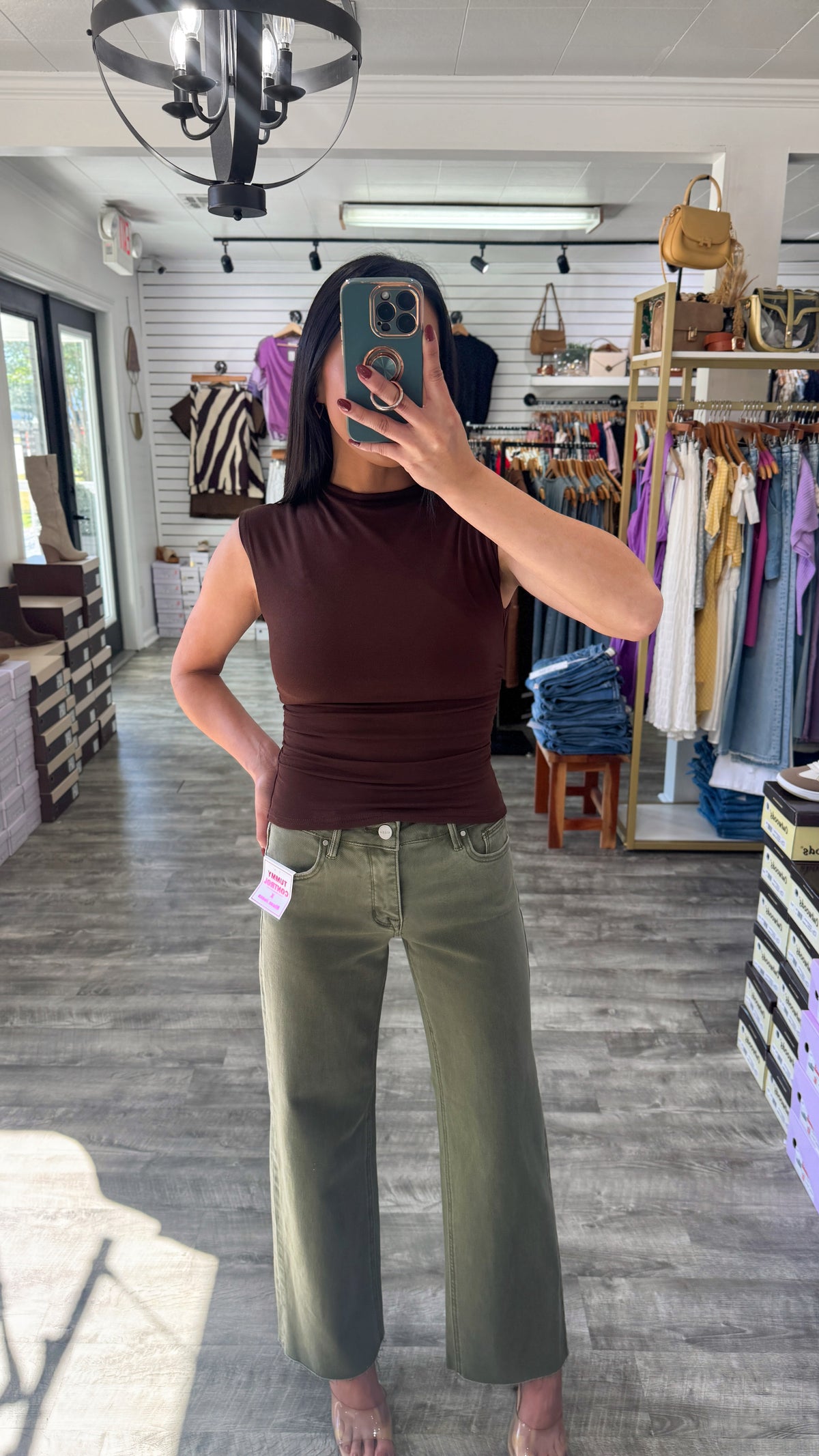 Funnel Neck Ruched Knit Top- Chocolate