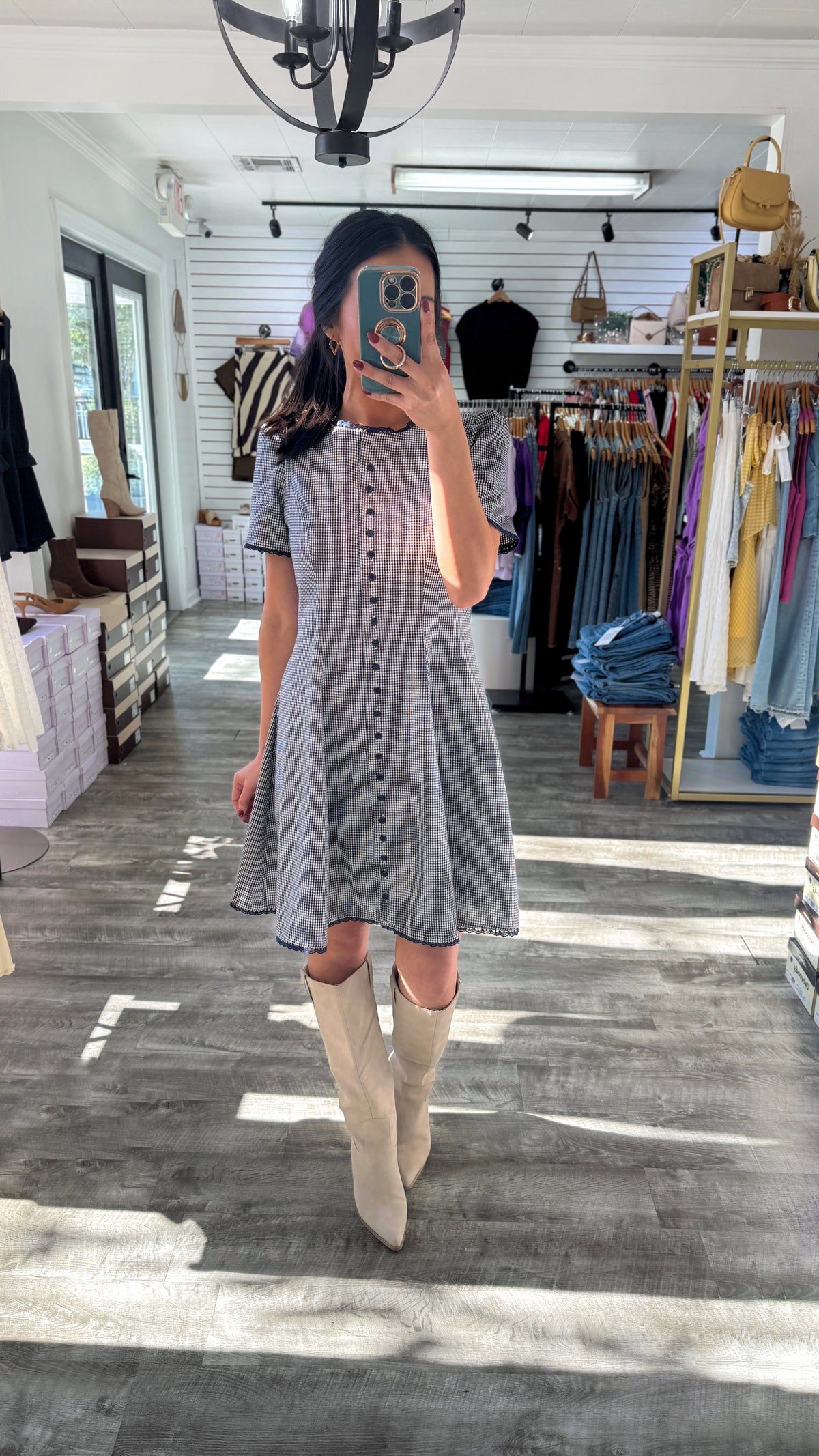 Gingham Button Down Dress- Navy
