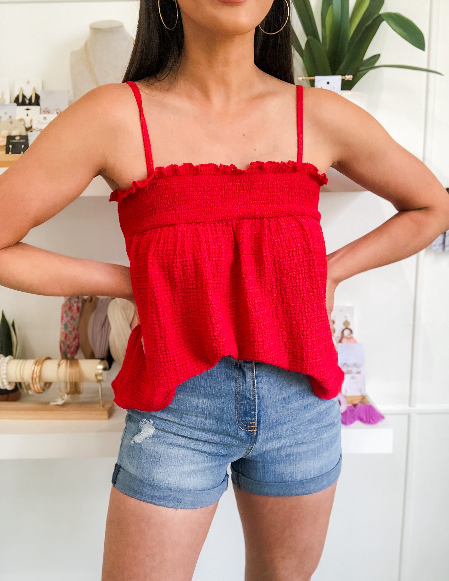 Red Smocked Cami Top