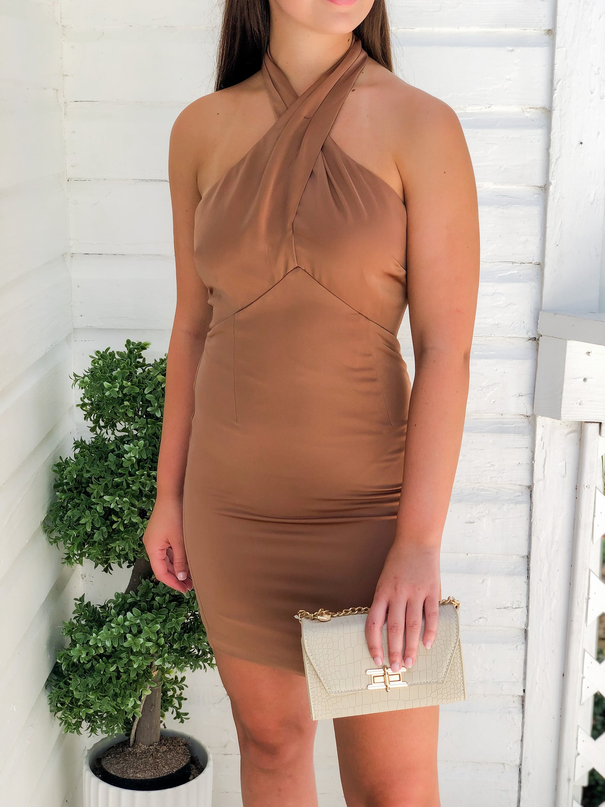Brown Sugar Cross Neck Halter Dress Compel Clothing Boutique Brown Sugar Cross Neck Halter Dress Compel Clothing Boutique