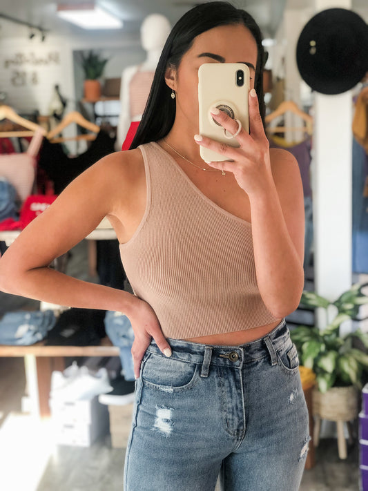 Ivy One Shoulder Beige Crop Top